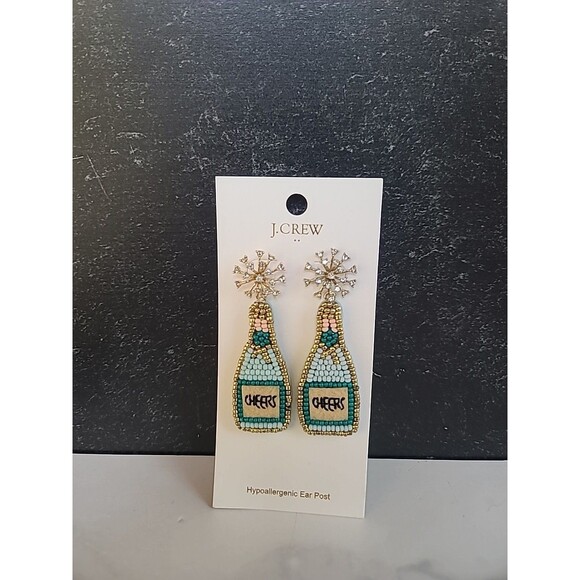 J.CREW Multi-color Earrings Champagne Bottle Beaded Cheers New On Orginal Card - Picture 2 of 10
